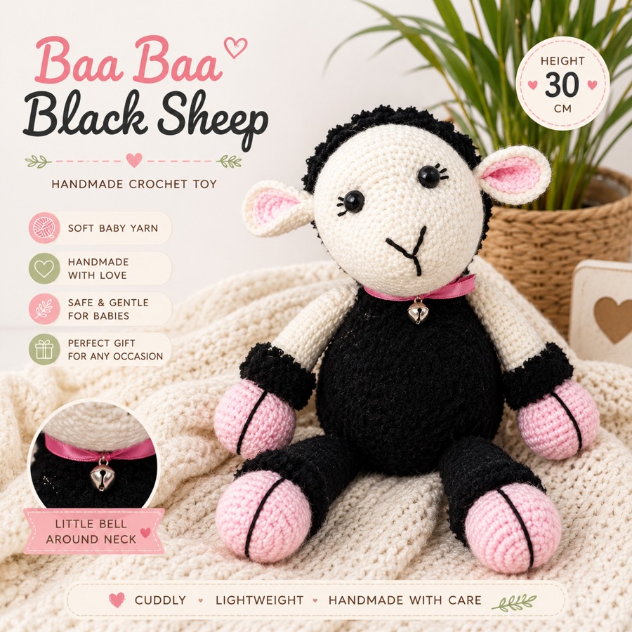 Baa Baa Black Sheep — handmade crochet toy, 30 cm with a little bell
